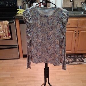 Petal & Pup Paisley Ruched-Shoulder Long Sleeve Top in Blue and Cream